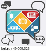 Bubble chatting infographic with icons mobile or cell phone, smartphone, contact set camera videocamera in flat design style. Стоковая иллюстрация, агентство Ingram Publishing / Фотобанк Лори