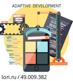 Icons for adaptive application development in flat design. Smartphones with site coding pencil and building crane ruller. Стоковая иллюстрация, агентство Ingram Publishing / Фотобанк Лори