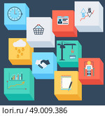 Business icons watche basket badge dollar handshake cloud crane graph man at the computer cartoon flat design style. Стоковая иллюстрация, агентство Ingram Publishing / Фотобанк Лори