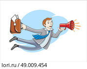 Young businessman with megaphone and briefcase flying high in sky. Flying business hero. Business idea concept in cartoon design style. Стоковая иллюстрация, агентство Ingram Publishing / Фотобанк Лори