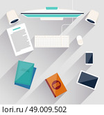 Top view of businessman's workplace with computer, tablet, smartphone and documents. Стоковая иллюстрация, агентство Ingram Publishing / Фотобанк Лори