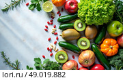 Свежие продукты, различные фрукты, овощи и зелень. Стоковое AI-изображение, AI-художник Оксана Хорватич / Фотобанк Лори