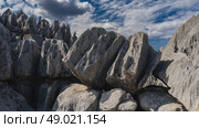 The unique karst cliffs of Madagascar. Close-up on a background of blue sky and clouds. Steep furrowed slopes, sharp peaks. Grey boulders in the foreground. Madagascar. Tsingy De Bemaraha (2023 год). Стоковое фото, фотограф Вера Ивановна Кубарева / Фотобанк Лори