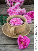 tea rose. Cup with fresh fragrant herbal decoction of tea rose.The image is tinted.Selective focus. Стоковое фото, агентство Ingram Publishing / Фотобанк Лори