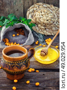 buckthorn. Clay mug with medicinal decoction of sea buckthorn and honey. Стоковое фото, агентство Ingram Publishing / Фотобанк Лори