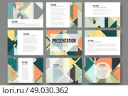 Set of 9 templates for presentation slides. Abstract colored backgrounds, triangular design vectors. Стоковая иллюстрация, агентство Ingram Publishing / Фотобанк Лори