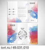 Vector set of tri-fold brochure design template on both sides with world globe element. Abstract hand drawn spotted colorful  background, composition for your design, vector illustration. Стоковая иллюстрация, агентство Ingram Publishing / Фотобанк Лори