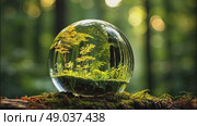 A glass sphere of pure dew drops in a forest on earth is a ball with an internal microclimate, a clean environment, protecting the ecology of the planet. AI generated. Стоковое AI-видео, аниматор Ольга Симонова / Фотобанк Лори
