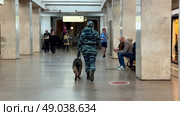 Russia, Moscow May 19, 2025. A female police officer with a German Shepherd on a leash walks at one of the Moscow metro stations.Video 4k. Редакционное видео, видеограф Соболева Наталия / Фотобанк Лори