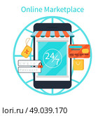 Internet shopping concept smartphone with awning of buying products via online shop store e-commerce ideas e-commerce symbols sale elements on stylish background. Стоковая иллюстрация, агентство Ingram Publishing / Фотобанк Лори