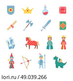 Medieval games symbols flat icons set. Medieval games flat icons set with crowned knight heraldic  shield and glaive flat abstract isolated vector illustration. Стоковая иллюстрация, агентство Ingram Publishing / Фотобанк Лори