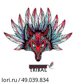 Doodle colored wolf tribal ritual mask with feathers and ornament vector illustration. Doodle Wolf Mask Colored. Стоковая иллюстрация, агентство Ingram Publishing / Фотобанк Лори