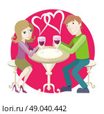 St Valentine concept. Young happy amorous couple with glasses of redwine on romantic date at restaurant.. Date at restaurant. Стоковая иллюстрация, агентство Ingram Publishing / Фотобанк Лори