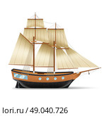  Sailing Ship Illustration . Wooden sailing ship with two masts square and gaff sails realistic vector illustration . Стоковая иллюстрация, агентство Ingram Publishing / Фотобанк Лори