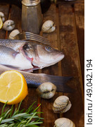 Seabass. Two Seabass silver raw fish with shellfish and spices on wooden table  . Стоковое фото, агентство Ingram Publishing / Фотобанк Лори