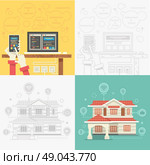 Concept of smart home and control device. Technology device, system mobile automation, monitoring energy power, electricity efficiency, equipment temperature, smart house, remote thermostat. Стоковая иллюстрация, агентство Ingram Publishing / Фотобанк Лори