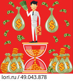 Businessman standing on the hourglass. Smiling businessman standing on the hourglass in which coin holding dollars near bags of money. Winnings in lottery. Time is money concept. Flying around dollar notes cartoon red flat design style. Стоковая иллюстрация, агентство Ingram Publishing / Фотобанк Лори