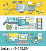 Concept of distance learning and education. Online tutorial and video course, research and graduation, science and webinar, digital elearning, test and literature. Set of thin, lines flat icons. Стоковая иллюстрация, агентство Ingram Publishing / Фотобанк Лори