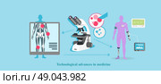 Technological advance in medicine icon flat . Research science, medical equipment, biotechnology and laboratory, analysis data and experiment, healthcare illustration. Стоковая иллюстрация, агентство Ingram Publishing / Фотобанк Лори