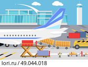 Loading freight containers in a cargo plane. Transportation and delivery, logistic shipping, service industry, load airplane, airport terminal, import express and distribution freighter illustration. Стоковая иллюстрация, агентство Ingram Publishing / Фотобанк Лори
