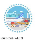 Loading freight containers in a cargo plane. Transportation and delivery, logistic shipping, service industry, load airplane, airport terminal, import express and distribution freighter. Round concept. Стоковая иллюстрация, агентство Ingram Publishing / Фотобанк Лори