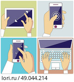 Set with hands typing on keyboard of laptop, hold smartphone showing some of multitouch gestures in flat design. Stroke icons concepts in monochrome colors. For web site construction, banners. Стоковая иллюстрация, агентство Ingram Publishing / Фотобанк Лори