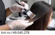 Stylist applying hair color at salon during bright afternoon. Стилист наносит краску на волосы в салоне ярким днем. Стоковое AI-изображение, AI-художник Katsiaryna Repich / Фотобанк Лори