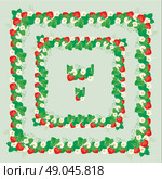 Square frames with Strawberries, flowers and leaves isolated on gray background. Repeated element for seamless ornament. Стоковая иллюстрация, агентство Ingram Publishing / Фотобанк Лори