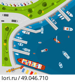 Seaside port aerial top view poster. Seaside dockyard harbor terminal area with cargo vessels top view from above poster flat abstract vector illustration. Стоковая иллюстрация, агентство Ingram Publishing / Фотобанк Лори