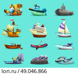 Ships And Boats Icons Set . Ships and boats realistic icons set with motorboat submarine and yacht on blue background isolated vector illustration. Стоковая иллюстрация, агентство Ingram Publishing / Фотобанк Лори