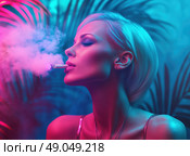 Женщина в неоновом дыму наслаждается вейпом. Стоковое AI-изображение, AI-художник Александр Жуков / Фотобанк Лори