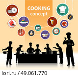 Cooking People Concept . Cooking people concept with food ingredients and menu symbols shadow flat isolated vector illustration . Стоковая иллюстрация, агентство Ingram Publishing / Фотобанк Лори