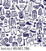 Hipster fashion clothing doodle seamless pattern. Hipster lifestyle distinctive fashion clothing and accessories decorative seamless tileable pattern dark marine doodle abstract vector illustration. Стоковая иллюстрация, агентство Ingram Publishing / Фотобанк Лори