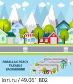 Daylight provincial town street view with parallax ready mountains peaks  landscape on background tileable abstract vector illustration. Editable EPS and Render in JPG format. Provincial town landscape parallax ready background. Стоковая иллюстрация, агентство Ingram Publishing / Фотобанк Лори