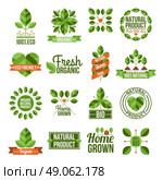 Organic And Natural Labels Set. Labels and emblems flat set of organic and natural products isolated vector illustration. Стоковая иллюстрация, агентство Ingram Publishing / Фотобанк Лори