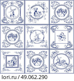 Famous delft blue tiles icons collection. Delft blue kitchen and fireplace tiles used all over the world icons collection abstract isolated vector illustration. Стоковая иллюстрация, агентство Ingram Publishing / Фотобанк Лори
