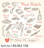 Set drawings of meat products ham, steak, minced, jerky, cutlet, smoked, meatloaf, sausage, bacon, salami for design menus, recipes and packages product. Vector Illustration. Стоковая иллюстрация, агентство Ingram Publishing / Фотобанк Лори