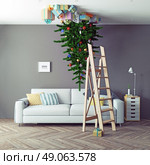 room with a Christmas tree on the ceiling. 3d concept. Стоковое фото, агентство Ingram Publishing / Фотобанк Лори