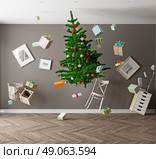 room with a Christmas tree and zero gravity. 3d concept. Стоковое фото, агентство Ingram Publishing / Фотобанк Лори