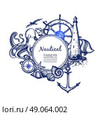 Nautical marine composition icon doodle . Nautical sea symbols composition doodle design with anchor compass and lighthouse in blue marine abstract vector illustration. Стоковая иллюстрация, агентство Ingram Publishing / Фотобанк Лори