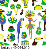 Brazil seamless pattern. Brazil seamless pattern with football carnival coffee parrot samba guitar vector illustration. Стоковая иллюстрация, агентство Ingram Publishing / Фотобанк Лори