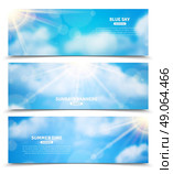 Sun through clouds sky banners set. Blue sky with sun rays trough clouds three horizontal summer time banners set abstract isolated vector illustration. Стоковая иллюстрация, агентство Ingram Publishing / Фотобанк Лори