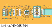 Concept of smart home and control device. Technology device, system mobile automation monitoring energy power electricity efficiency, equipment temperature, remote thermostat. Smart house illustration. Стоковая иллюстрация, агентство Ingram Publishing / Фотобанк Лори