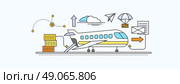 Concept of Freight Forwarding by air. Transport delivery, shipping import industry, distribution and logistic, export railway transportation. Set of thin, lines, outline flat icons. Стоковая иллюстрация, агентство Ingram Publishing / Фотобанк Лори