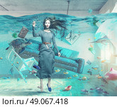 an underwater view in the flooding interior and young woman . 3d concept. Стоковое фото, агентство Ingram Publishing / Фотобанк Лори