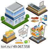 Vector isometric illustration of a supermarket on a white background. Стоковая иллюстрация, агентство Ingram Publishing / Фотобанк Лори