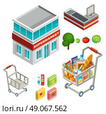 Vector isometric illustration of a supermarket on a white background. Стоковая иллюстрация, агентство Ingram Publishing / Фотобанк Лори