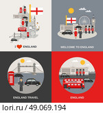 England Culture Travel 4 Flat Icons . England for tourists 4 flat icons square composition with kingsbridge and big ben abstract isolated vector illustration. Стоковая иллюстрация, агентство Ingram Publishing / Фотобанк Лори
