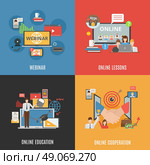 2x2 Design Concept Set Of Webinar Icons . 2x2 flat design concept set of webinar online education and online cooperation compositions flat vector illustration. Стоковая иллюстрация, агентство Ingram Publishing / Фотобанк Лори