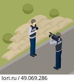 Journalist Reporter Profession Isometric Banner . Journalist reporter and professional cameraman operator outdoor in the countryside at work isometric banner abstract vector illustration. Стоковая иллюстрация, агентство Ingram Publishing / Фотобанк Лори